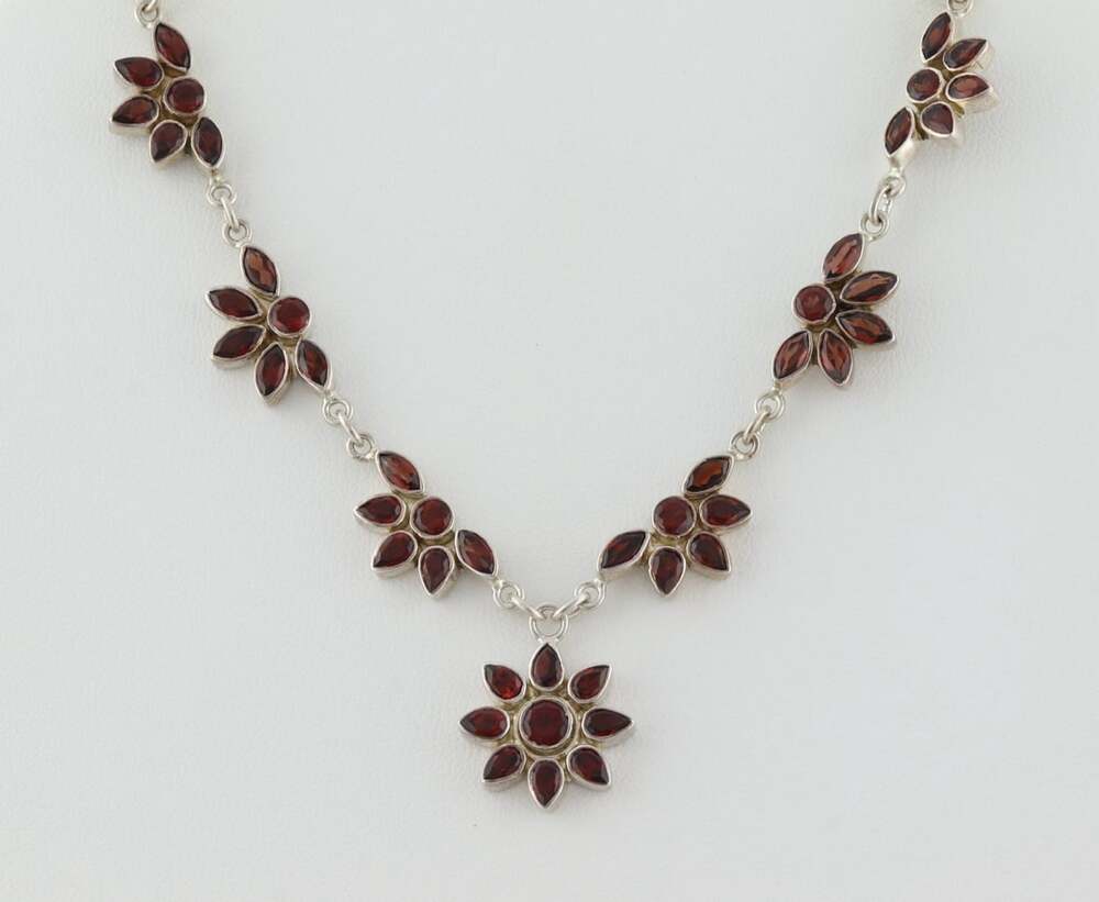 Sterling Silver Natural Garnet Flower Necklace 17" inch